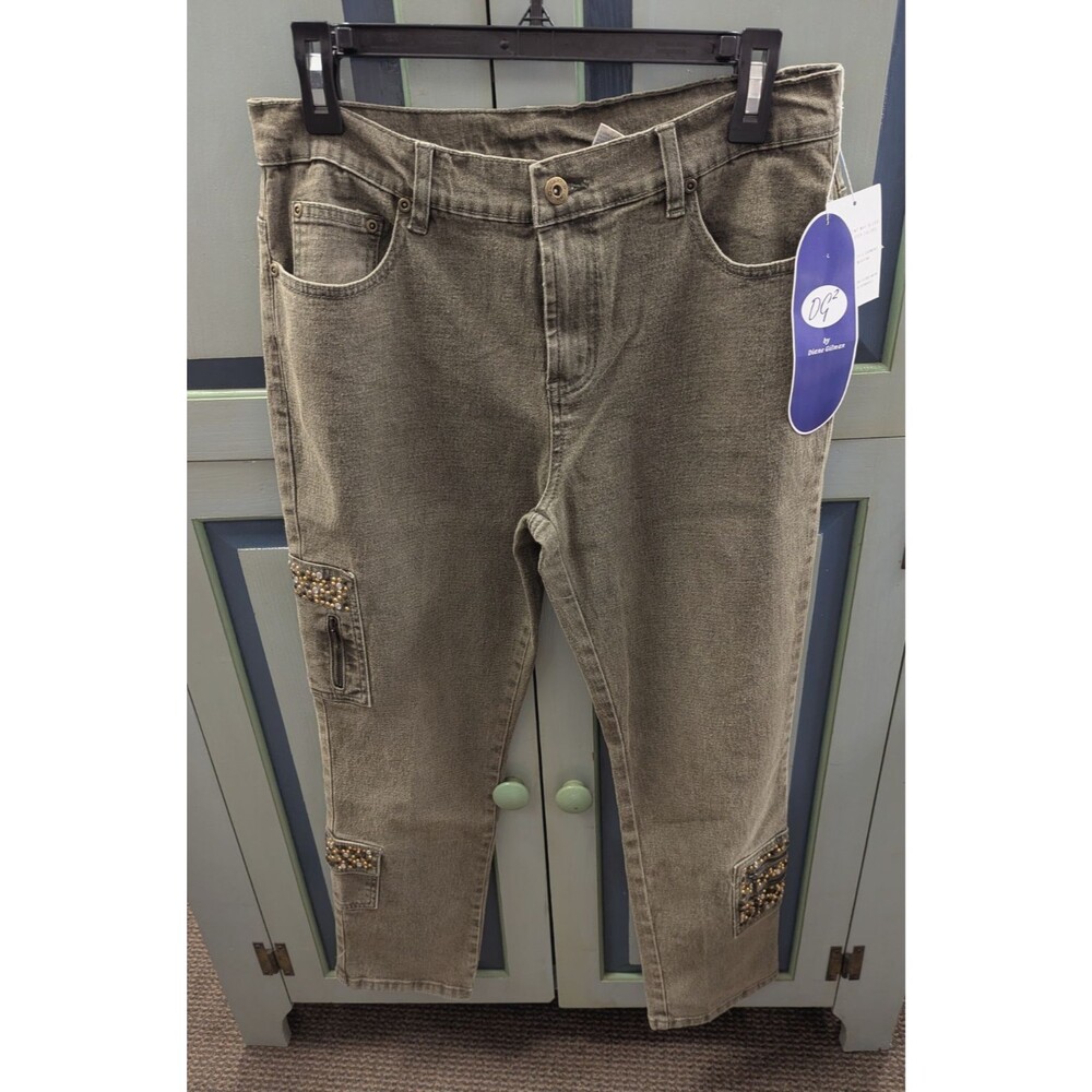 DG2 Diane Gilman Jeans Womens 8P Acid Washed Green MidRise Stretch Embellished